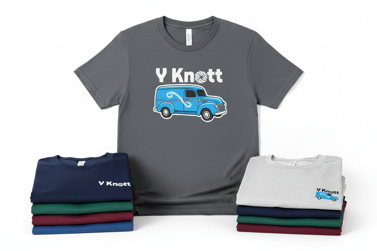 Put the Y Knott logo on a delivery truck inside a t shirt with the custom T-shirts underneath 