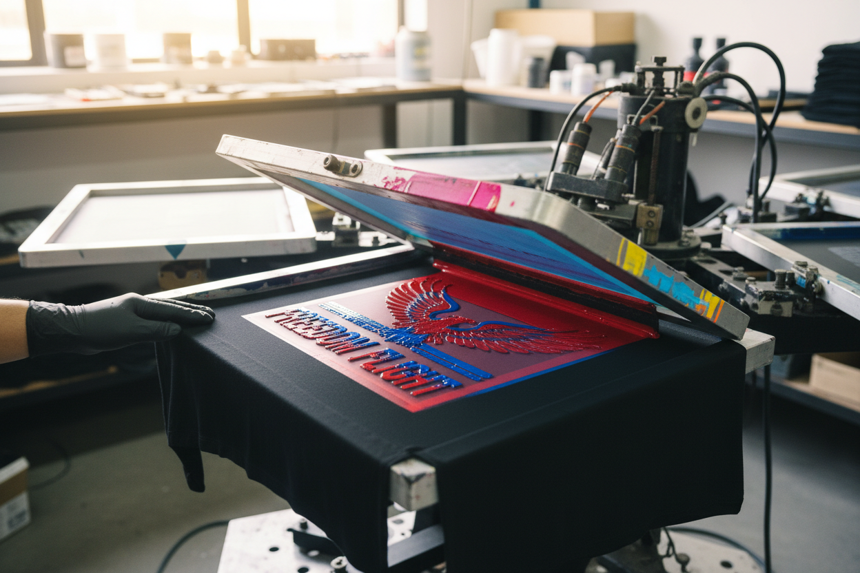Shirt logo in screen press machine 